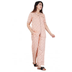 Mayawye Women's Casual Half Sleeve Printed Viscose Rayon Shirt With Pyjama Pant Night Suit Set (Peach)
