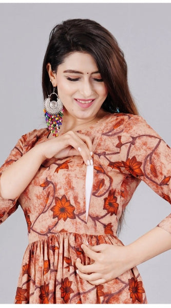 Mayawye Women's Casual 3/4 Sleeve Printed Viscose Maternity Feeding Kurti (Brown)