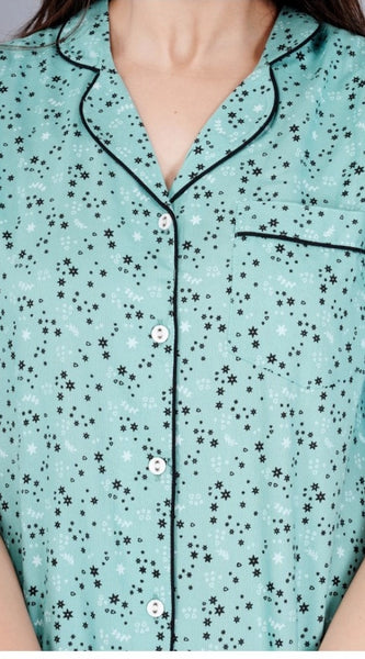 Mayawye Women's Casual Half Sleeve Printed Viscose Rayon Shirt With Pyjama Pant Night Suit Set (Green)