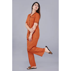 Mayawye Women's Casual Half Sleeve Printed Viscose Rayon Shirt With Pyjama Pant Night Suit Set (Brown)