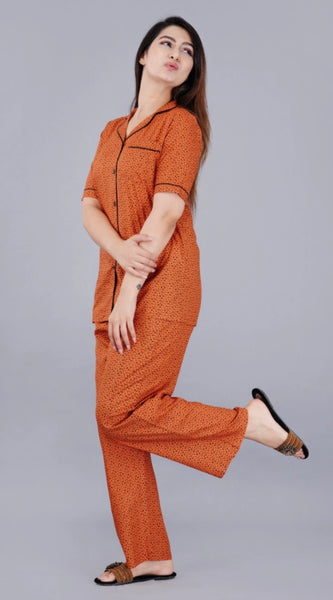 Mayawye Women's Casual Half Sleeve Printed Viscose Rayon Shirt With Pyjama Pant Night Suit Set (Brown)