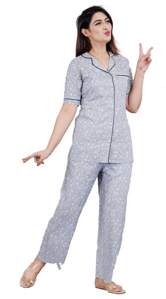 Mayawye Women's Casual Half Sleeve Printed Viscose Rayon Shirt With Pyjama Pant Night Suit Set (Grey)