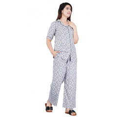 Mayawye Women's Casual Half Sleeve Printed Viscose Rayon Shirt With Pyjama Pant Night Suit Set (Grey)