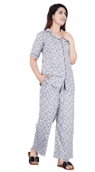 Mayawye Women's Casual Half Sleeve Printed Viscose Rayon Shirt With Pyjama Pant Night Suit Set (Grey)