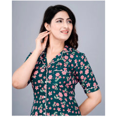 Mayawye Women's Casual Half Sleeve Printed Viscose Rayon Shirt With Pyjama Pant Night Suit Set (Teal)