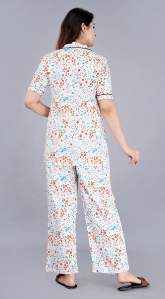 Mayawye Women's Casual Half Sleeve Printed Viscose Rayon Shirt With Pyjama Pant Night Suit Set (White)