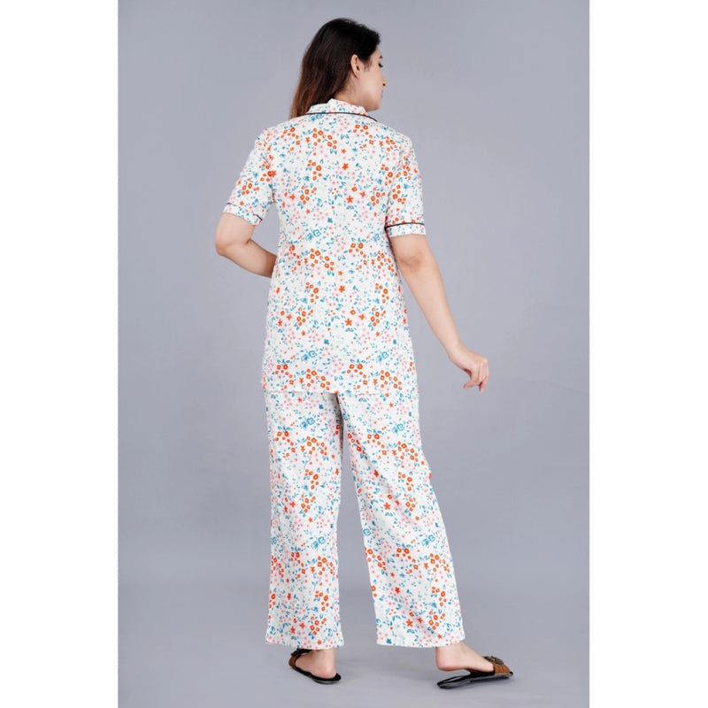 Mayawye Women's Casual Half Sleeve Printed Viscose Rayon Shirt With Pyjama Pant Night Suit Set (White)