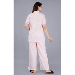 Mayawye Women's Casual Half Sleeve Printed Viscose Rayon Shirt With Pyjama Pant Night Suit Set (Pink)
