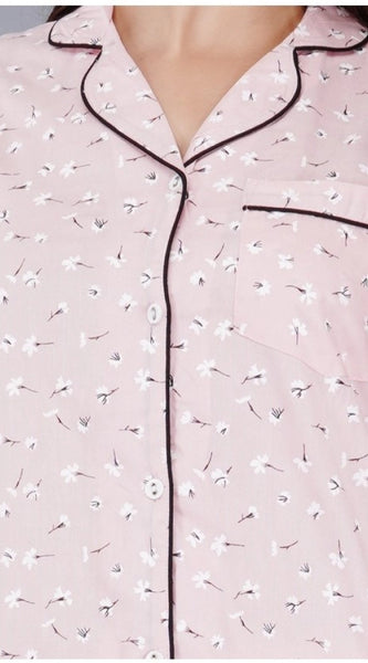 Mayawye Women's Casual Half Sleeve Printed Viscose Rayon Shirt With Pyjama Pant Night Suit Set (Pink)
