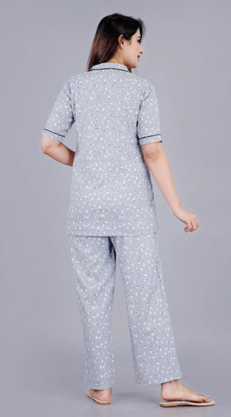 Mayawye Women's Casual Half Sleeve Printed Viscose Rayon Shirt With Pyjama Pant Night Suit Set (Grey)