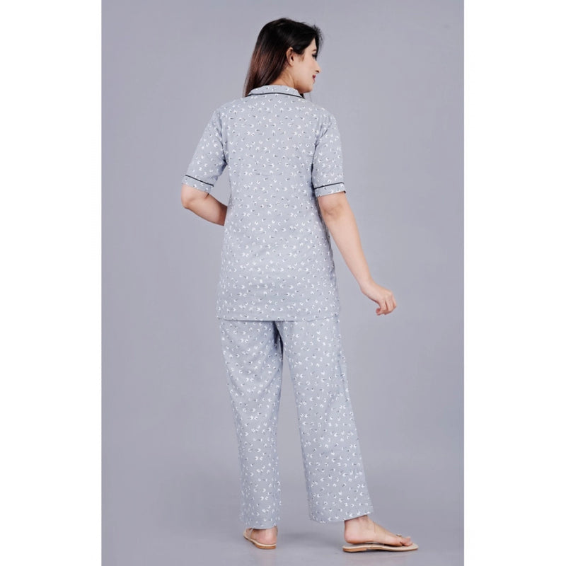 Mayawye Women's Casual Half Sleeve Printed Viscose Rayon Shirt With Pyjama Pant Night Suit Set (Grey)