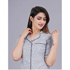 Mayawye Women's Casual Half Sleeve Printed Viscose Rayon Shirt With Pyjama Pant Night Suit Set (Grey)