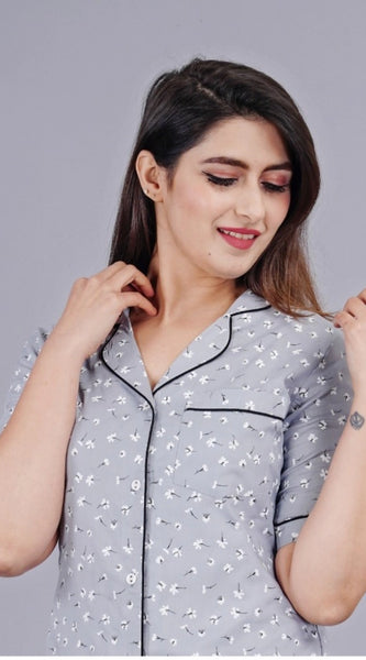 Mayawye Women's Casual Half Sleeve Printed Viscose Rayon Shirt With Pyjama Pant Night Suit Set (Grey)