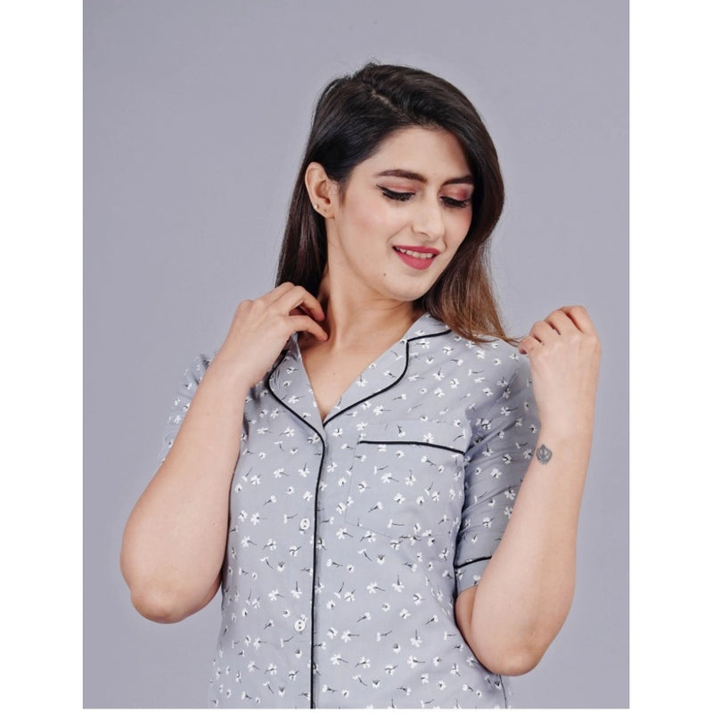 Mayawye Women's Casual Half Sleeve Printed Viscose Rayon Shirt With Pyjama Pant Night Suit Set (Grey)
