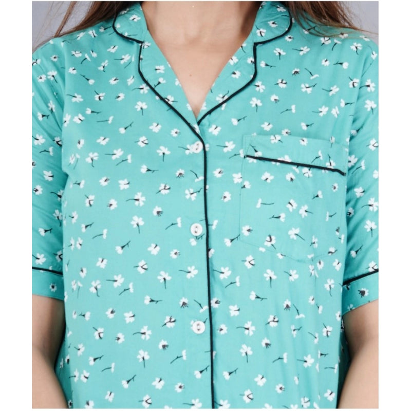 Mayawye Women's Casual Half Sleeve Printed Viscose Rayon Shirt With Pyjama Pant Night Suit Set (Green)