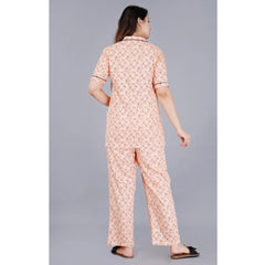 Mayawye Women's Casual Half Sleeve Printed Viscose Rayon Shirt With Pyjama Pant Night Suit Set (Peach)