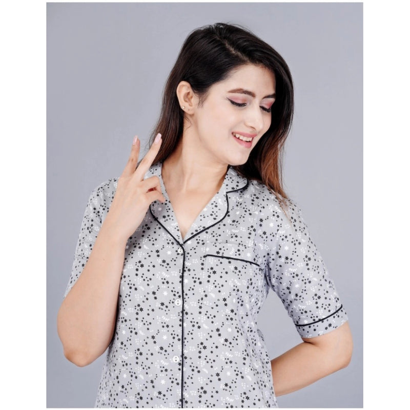 Mayawye Women's Casual Half Sleeve Printed Viscose Rayon Shirt With Pyjama Pant Night Suit Set (Grey)