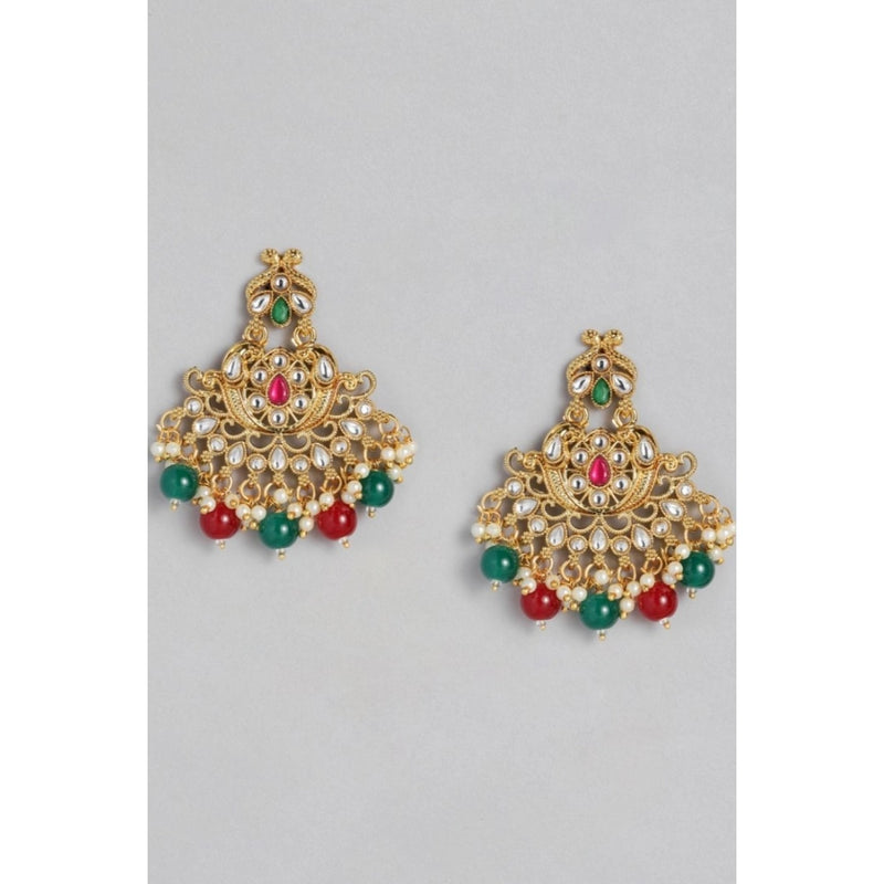 Mayawye Women's Rose Gold Plated Alloy Kundan Earrings & Mangtikka (Red & Green)