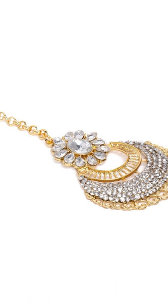 Mayawye Women's Rose Gold Plated Alloy Kundan Earrings & Mangtikka (White)