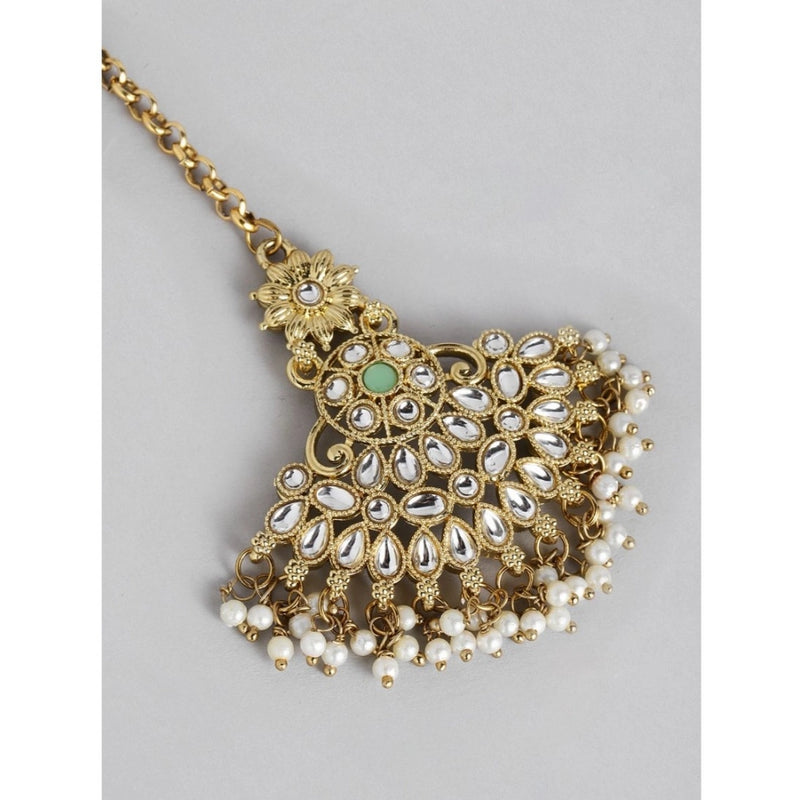 Mayawye Women's Rose Gold Plated Alloy Kundan Earrings & Mangtikka (White)