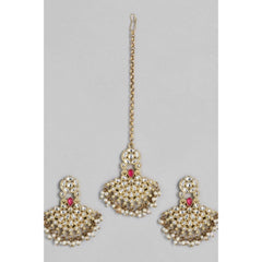 Mayawye Women's Rose Gold Plated Alloy Kundan Earrings & Mangtikka (White)