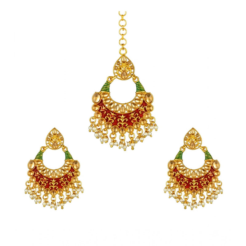 Mayawye Women's Rose Gold Plated Alloy Kundan Earrings & Mangtikka (Red & Green)