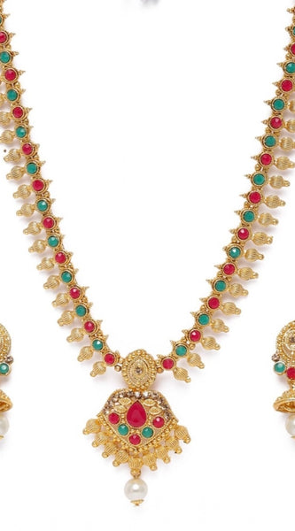 Mayawye Women's Rose Gold Plated Alloy Necklace & Earings Set (Green & Red)