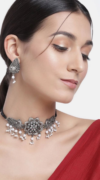 Mayawye Women's Rose Gold Plated Alloy Necklace & Earings Set (Silver)