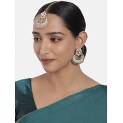 Mayawye Women's Rose Gold Plated Alloy Kundan Earrings & Mangtikka (White)