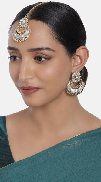 Mayawye Women's Rose Gold Plated Alloy Kundan Earrings & Mangtikka (White)