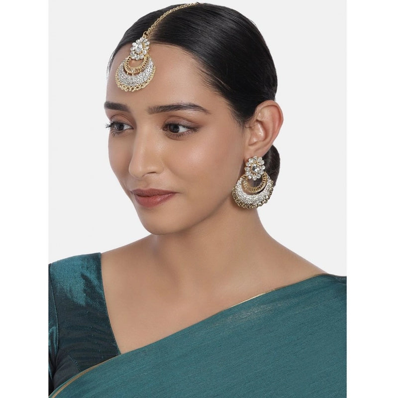 Mayawye Women's Rose Gold Plated Alloy Kundan Earrings & Mangtikka (White)