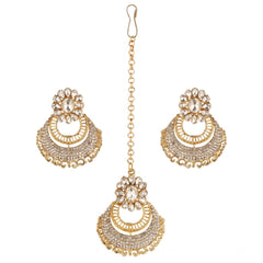 Mayawye Women's Rose Gold Plated Alloy Kundan Earrings & Mangtikka (White)
