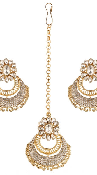 Mayawye Women's Rose Gold Plated Alloy Kundan Earrings & Mangtikka (White)