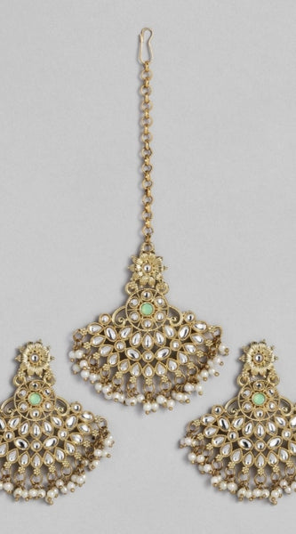Mayawye Women's Rose Gold Plated Alloy Kundan Earrings & Mangtikka (White)
