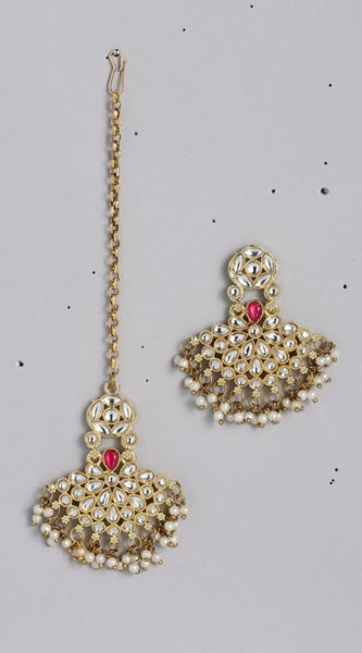 Mayawye Women's Rose Gold Plated Alloy Kundan Earrings & Mangtikka (White)