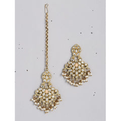 Mayawye Women's Rose Gold Plated Alloy Kundan Earrings & Mangtikka (White)