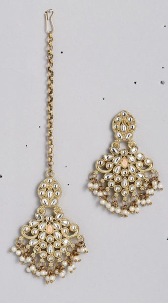 Mayawye Women's Rose Gold Plated Alloy Kundan Earrings & Mangtikka (White)
