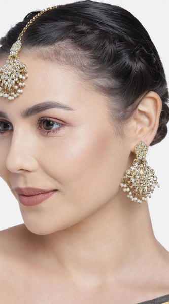 Mayawye Women's Rose Gold Plated Alloy Kundan Earrings & Mangtikka (White)