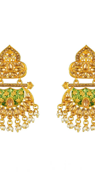 Mayawye Women's Rose Gold Plated Alloy Kundan Earrings & Mangtikka (Green)