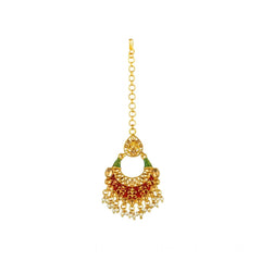 Mayawye Women's Rose Gold Plated Alloy Kundan Earrings & Mangtikka (Red & Green)