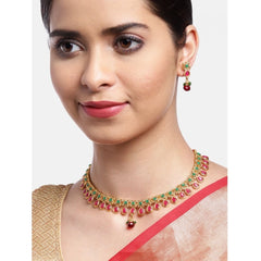 Mayawye Women's Rose Gold Plated Alloy Necklace & Earings Set (Green & Red)