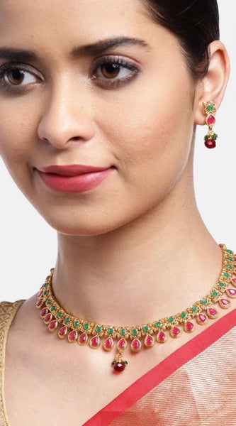 Mayawye Women's Rose Gold Plated Alloy Necklace & Earings Set (Green & Red)
