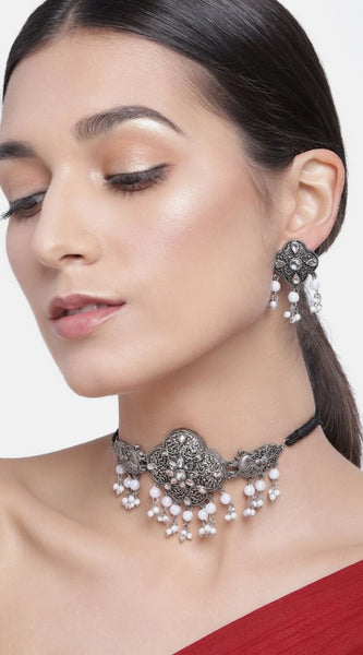 Mayawye Women's Rose Gold Plated Alloy Necklace & Earings Set (Silver & White)