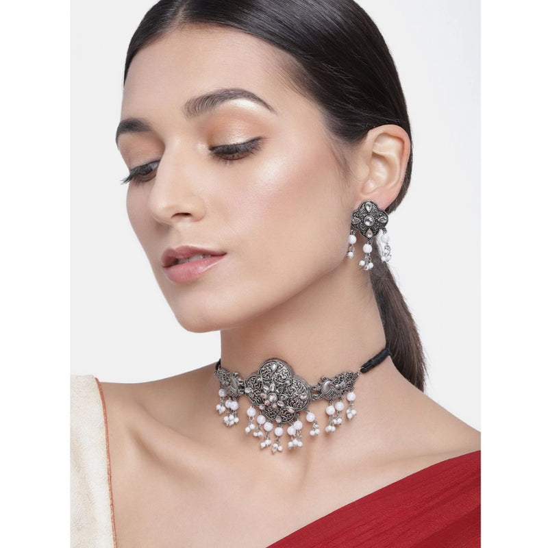Mayawye Women's Rose Gold Plated Alloy Necklace & Earings Set (Silver & White)