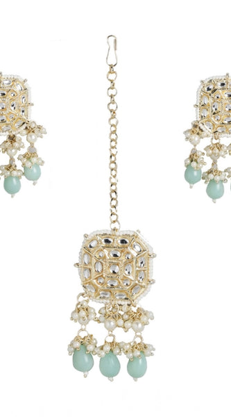 Mayawye Women's Rose Gold Plated Alloy Kundan Earrings & Mangtikka (White)