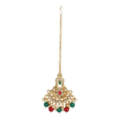 Mayawye Women's Rose Gold Plated Alloy Kundan Earrings & Mangtikka (Red & Green)