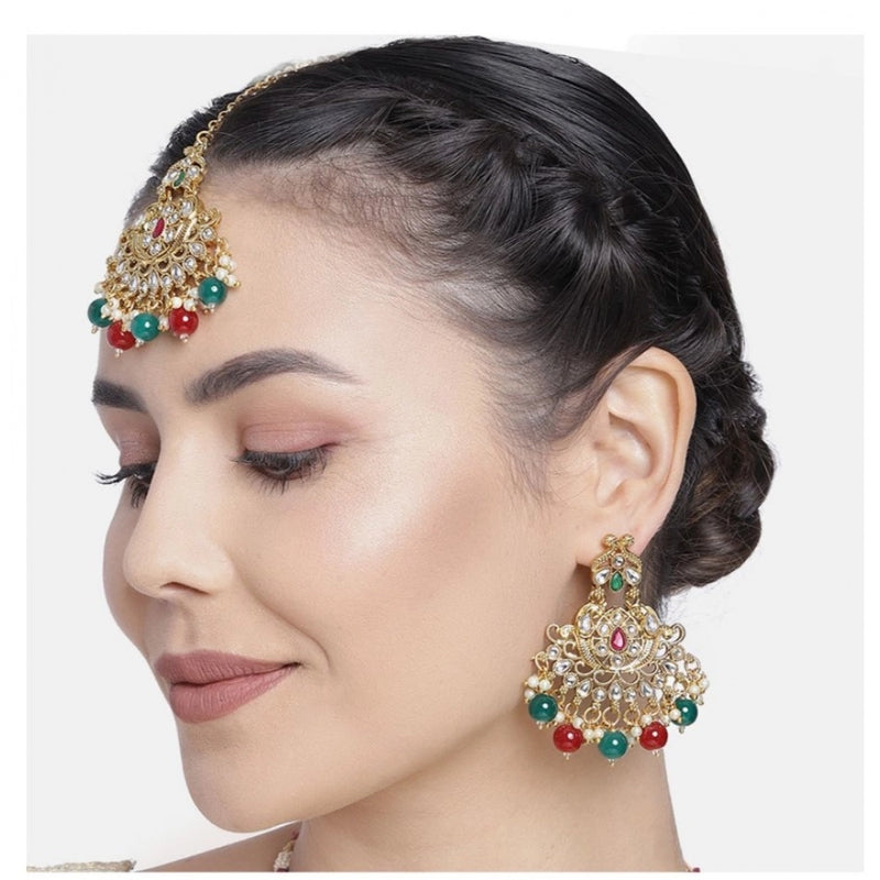 Mayawye Women's Rose Gold Plated Alloy Kundan Earrings & Mangtikka (Red & Green)