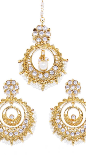Mayawye Women's Rose Gold Plated Alloy Kundan Earrings & Mangtikka (White)