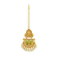 Mayawye Women's Rose Gold Plated Alloy Kundan Earrings & Mangtikka (Green)