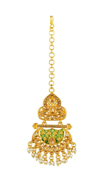 Mayawye Women's Rose Gold Plated Alloy Kundan Earrings & Mangtikka (Green)